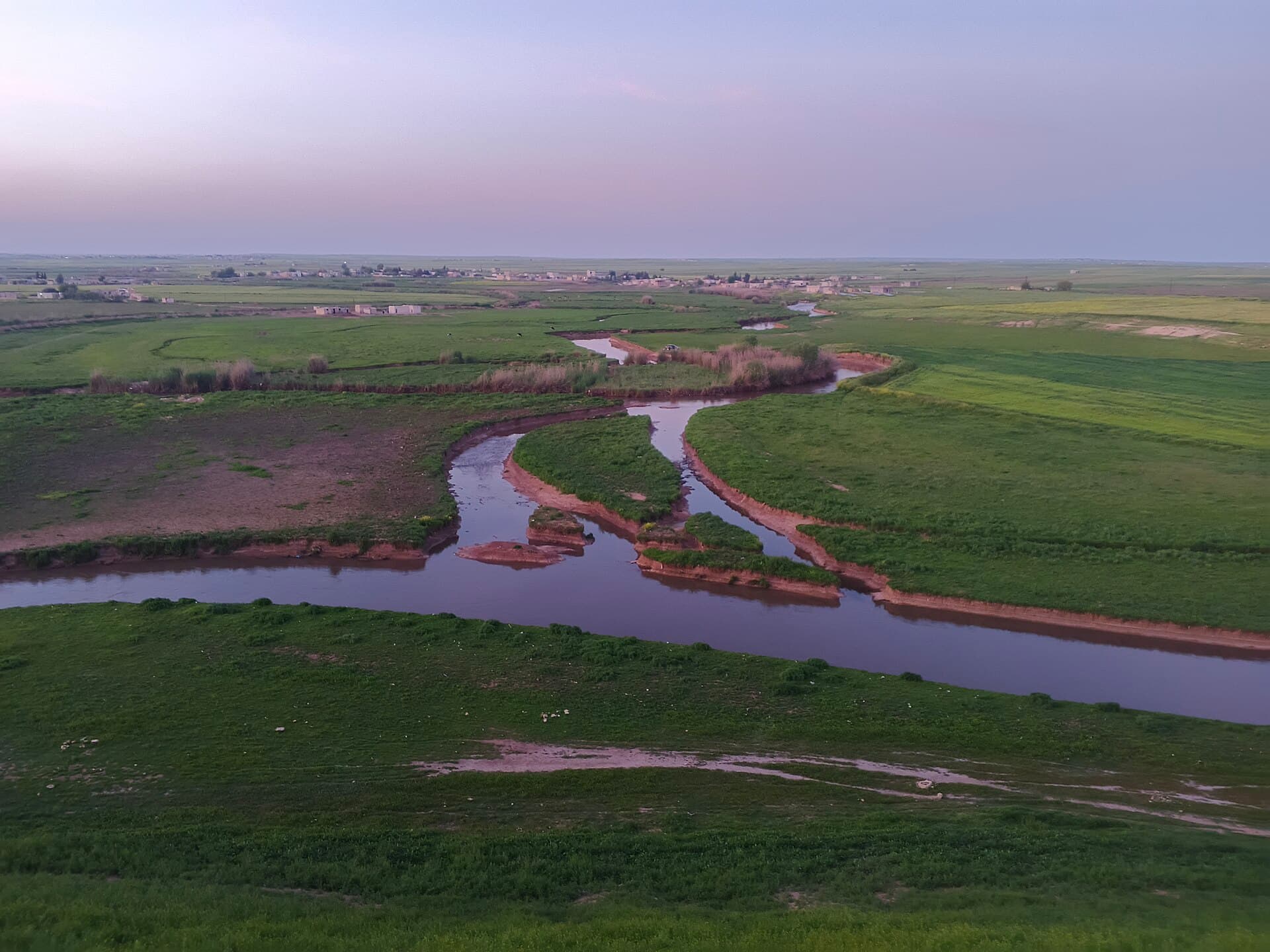 Rakka'nın kuzeyinde, Tell Sahlan yakınında yeşil tarlalar arasında kıvrılarak akan Balih Nehri; ufukta köy evleri, Nisan 2026