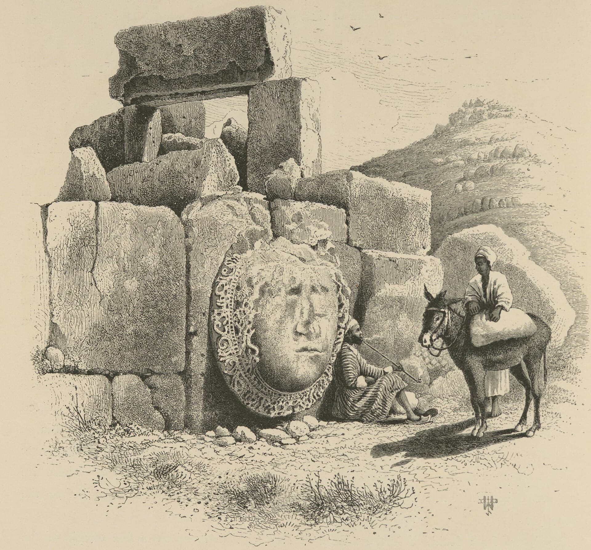 Rahle'deki Roma tapınağının güney duvarındaki çelenk içinde güneş tanrısı kabartması, 1881 gravürü