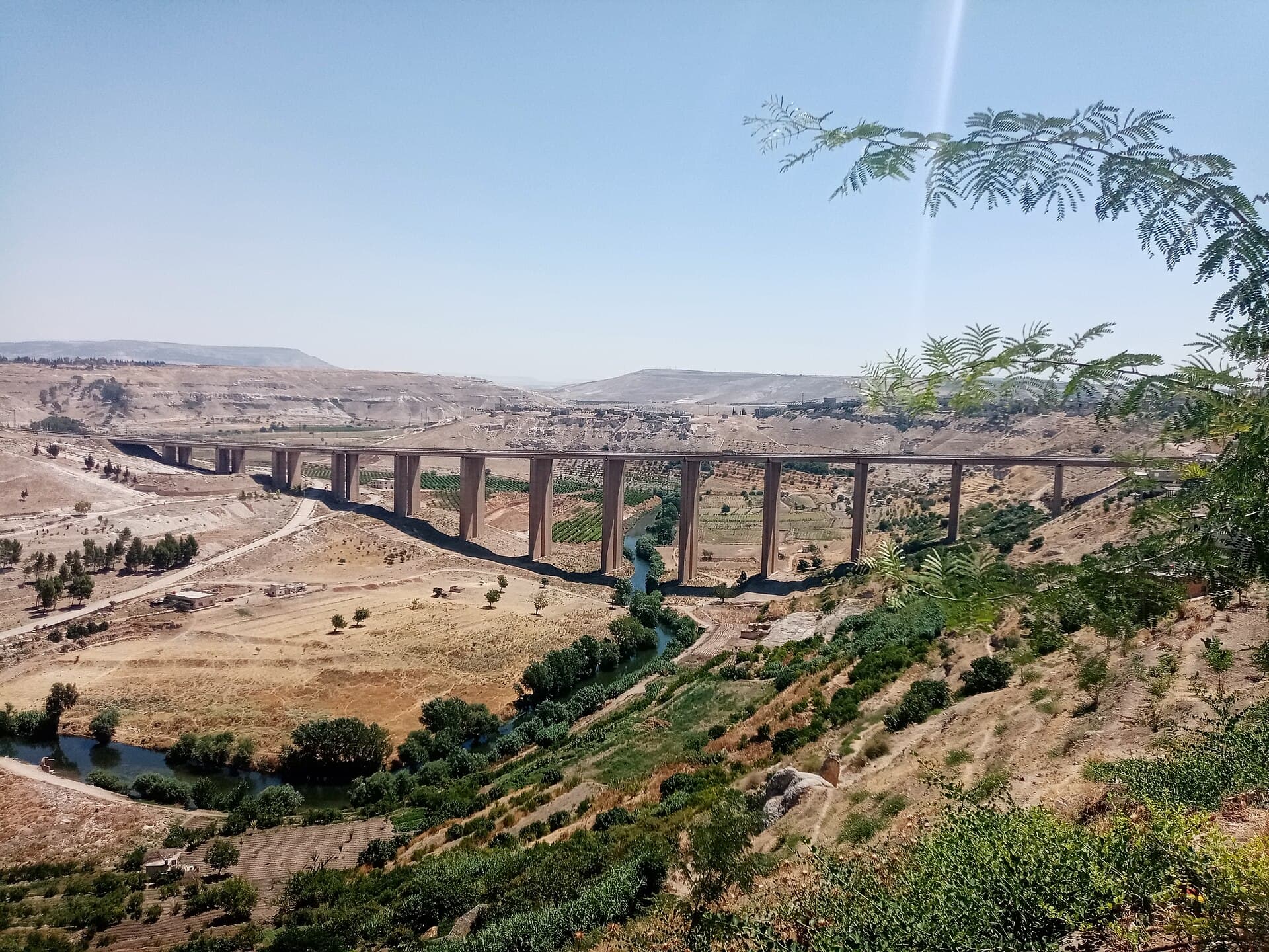 Rastan'da Asi vadisi: yüksek ayaklı köprü, altında nehir ve meyve bahçeleri, arkada kasaba