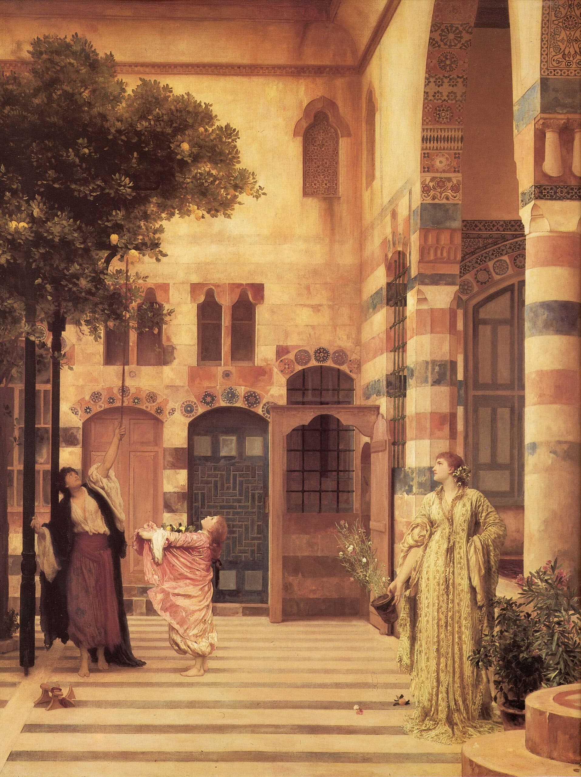 Frederic Leighton'ın 1874 tarihli tablosu: Şam Yahudi Mahallesi'nde bir Farhi konağının çizgili taş avlusunda ağaçtan meyve toplayan kadınlar