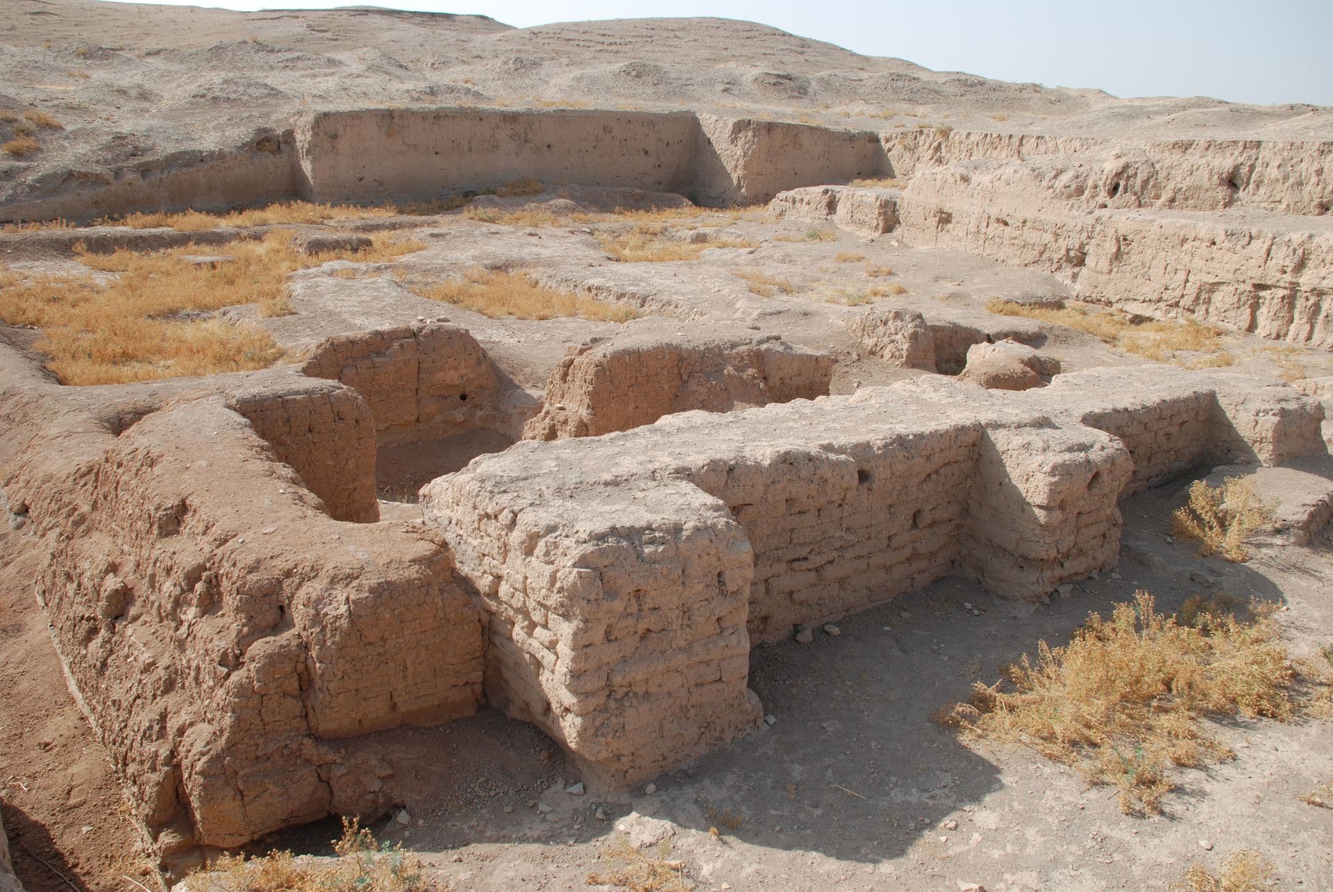 Tell Brak'ta Naram-Sin yapısının kazılmış kerpiç duvarları; arkada höyüğün kazılmamış yamacı