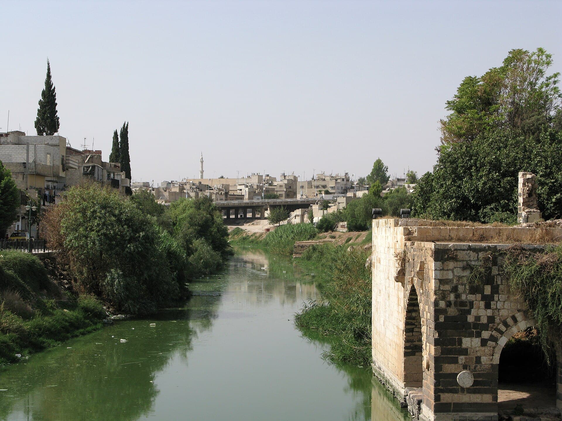 Hama'da Asi Nehri; sağda siyah-beyaz taş sıralı eski bir su kemeri ayağı, kıyılarda ağaçlar, geride şehir ve nehri geçen bir köprü