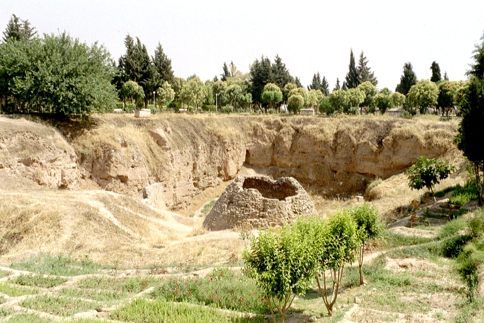 Hama Kalesi höyüğünün kazıyla açılmış tepesi ve çevresindeki park ağaçları